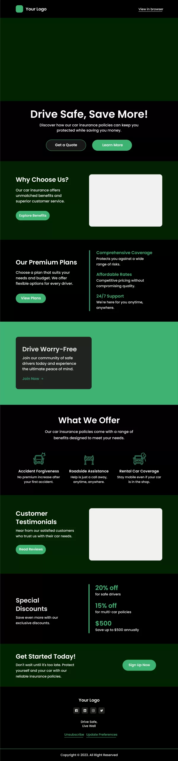 Car Insurance Industry Newsletter Template - Dark Theme - EmailBlu